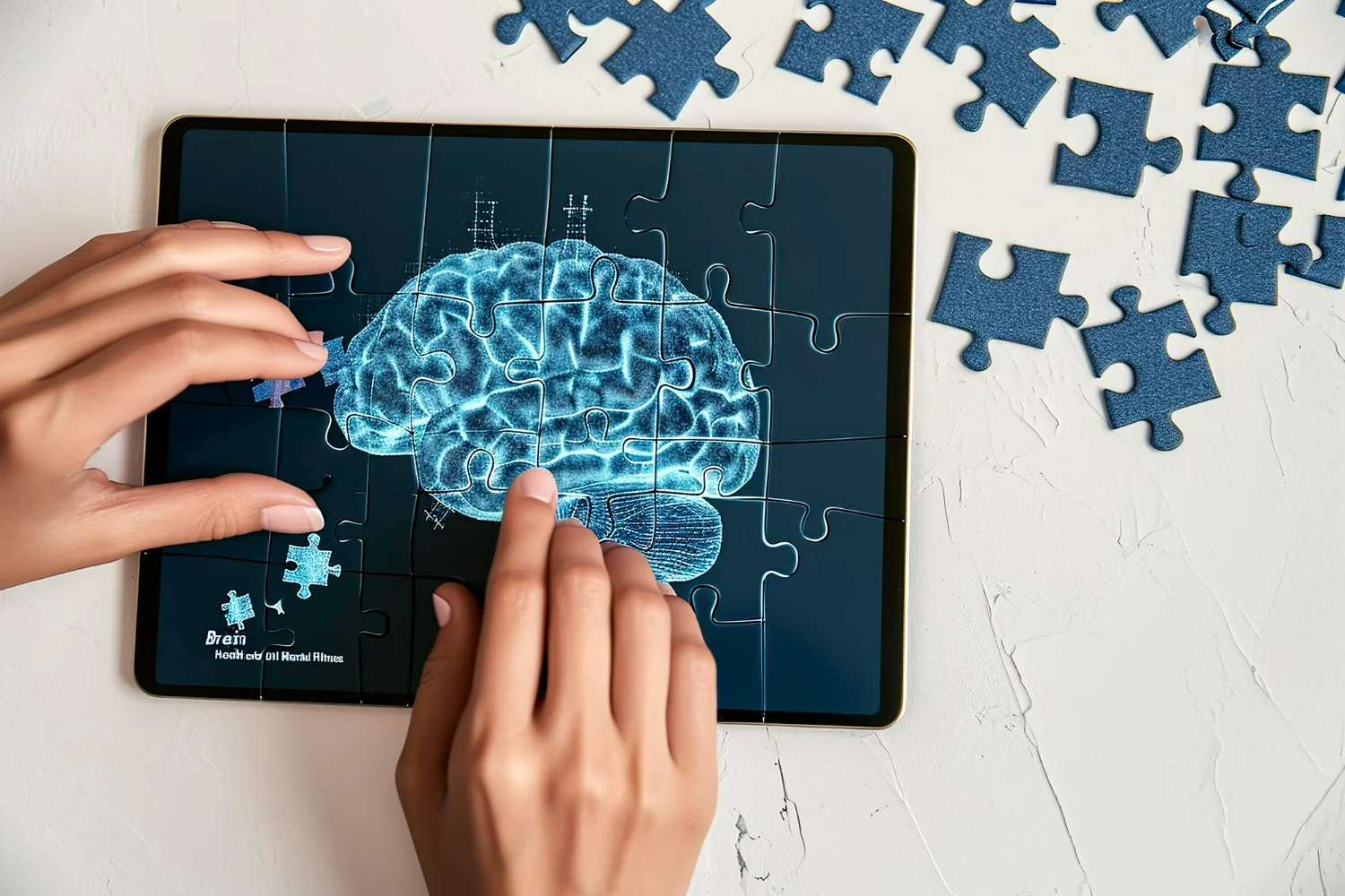 Ilustração digital de um quebra-cabeça formando um cérebro, ilustrando o desenvolvimento cognitivo.
