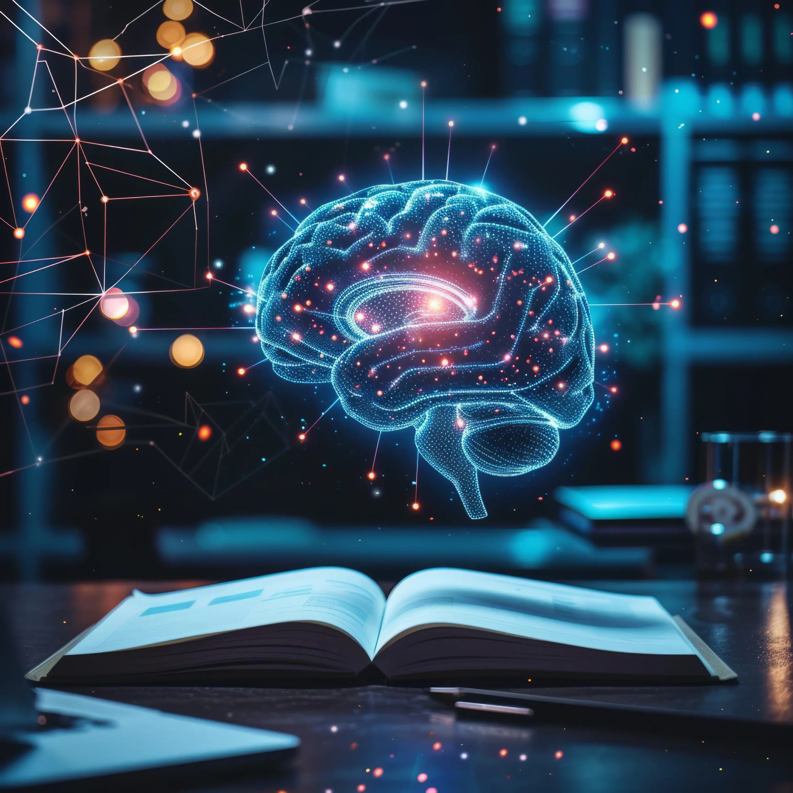 Miniatura de um cérebro e suas conexões neurais com um livro aberto no fundo, ilustrando a neurociência da aprendizagem